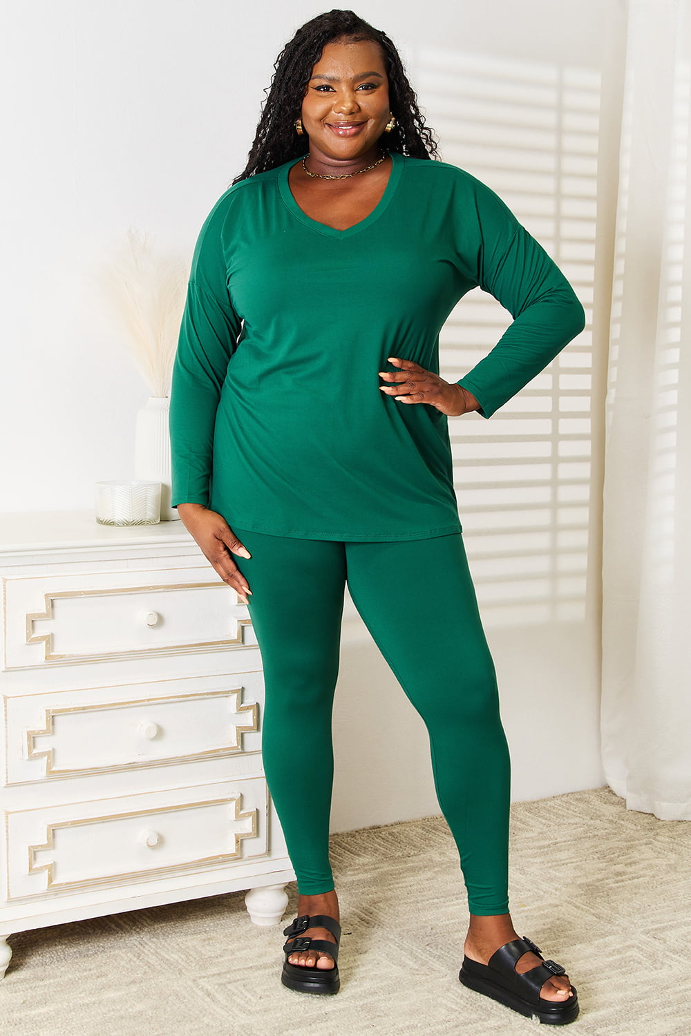 Zenana Lazy Days Full Size Long Sleeve Top and Leggings Set Dark Green S