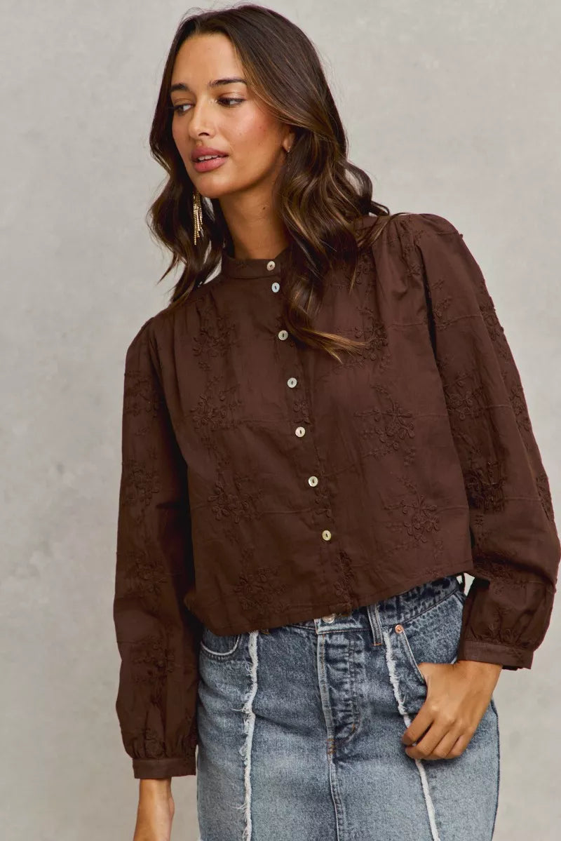 Brown embroidered SO ME 3D floral puff sleeve button front blouse