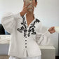 Daverri Fashions Embroidered Notched Long Sleeve Blouse - DAVERRI FASHIONS