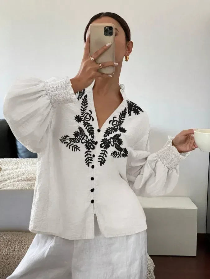 Daverri Fashions Embroidered Notched Long Sleeve Blouse - DAVERRI FASHIONS