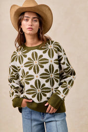 BiBi Flower Pattern Long Sleeve Sweater Olive | Sweaters Daverri Fashions
