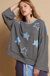 POL Exposed Seam Relaxed Fit Sweater with Star Denim Patch | Sweaters Daverri Fashions