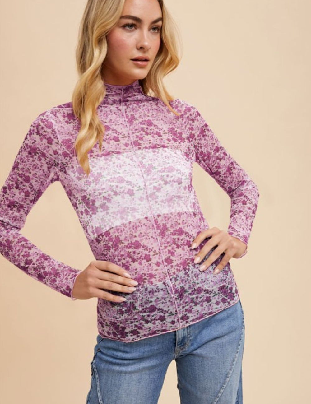 Annie Wear Floral Lettuce Hem Sheer Mesh Top Ivory Purple Tops