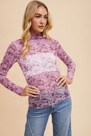 Annie Wear Floral Lettuce Hem Sheer Mesh Top Ivory Purple Tops