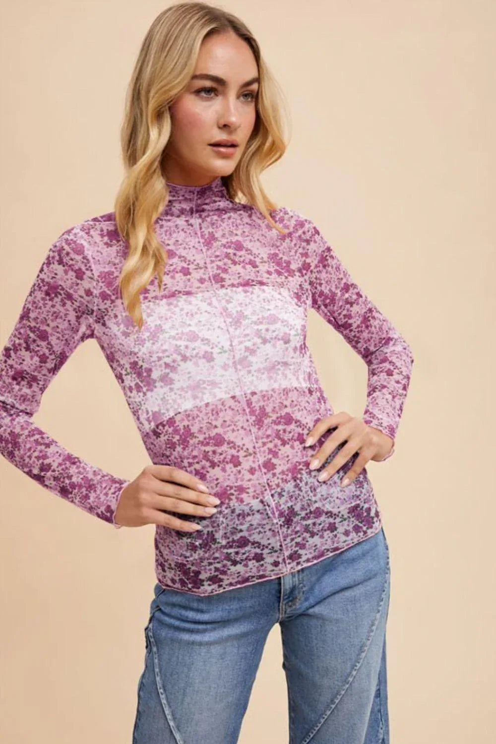 Annie Wear Floral Lettuce Hem Sheer Mesh Top - DAVERRI FASHIONS