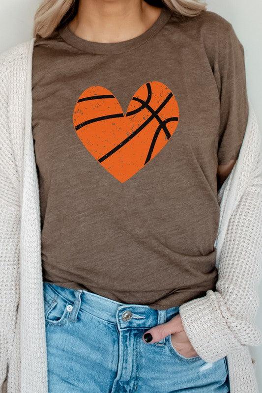 Distressed Basketball Hearts Sports Graphic Tee Heather Brown Graphic Tees