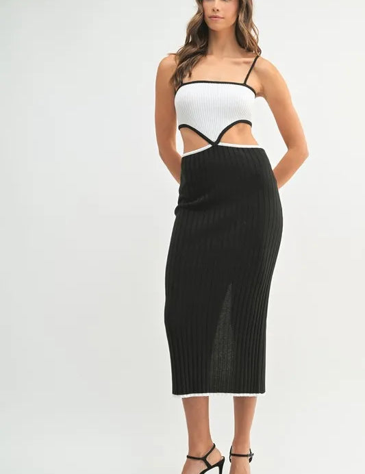 Black MABLE Black Ribbed Knit Color Block Cutout Midi Dress | Midi Dresses Daverri Fashions