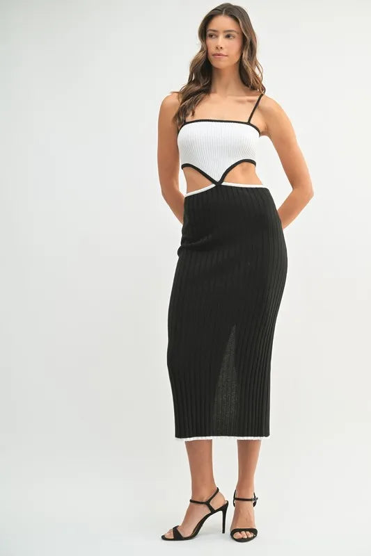 MABLE Black Ribbed Knit Color Block Cutout Midi Dress Black Midi Dresses