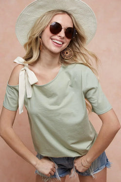 BiBi Tied Ribbon One Shoulder Short Sleeve T-Shirt - DAVERRI FASHIONS