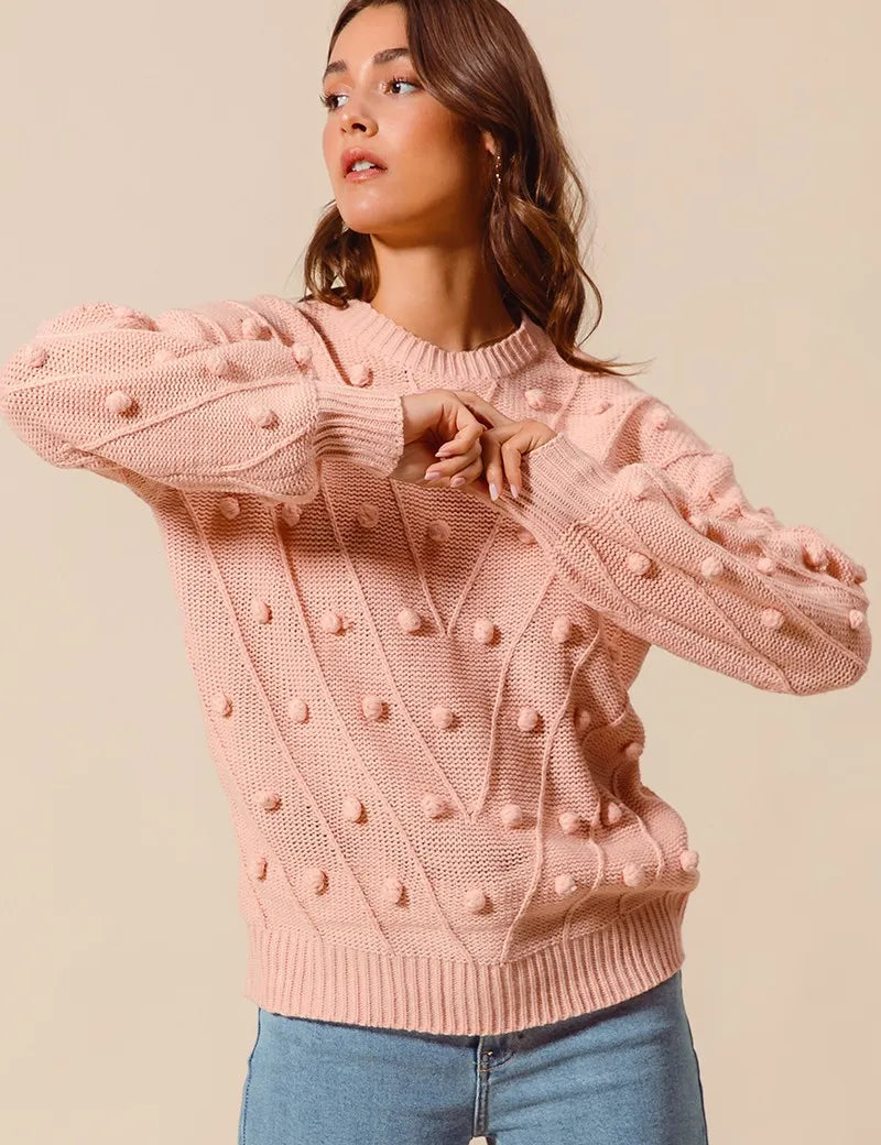 BLUSH SO ME Pom Pom Textured Knit Sweater Top | Sweaters Daverri Fashions