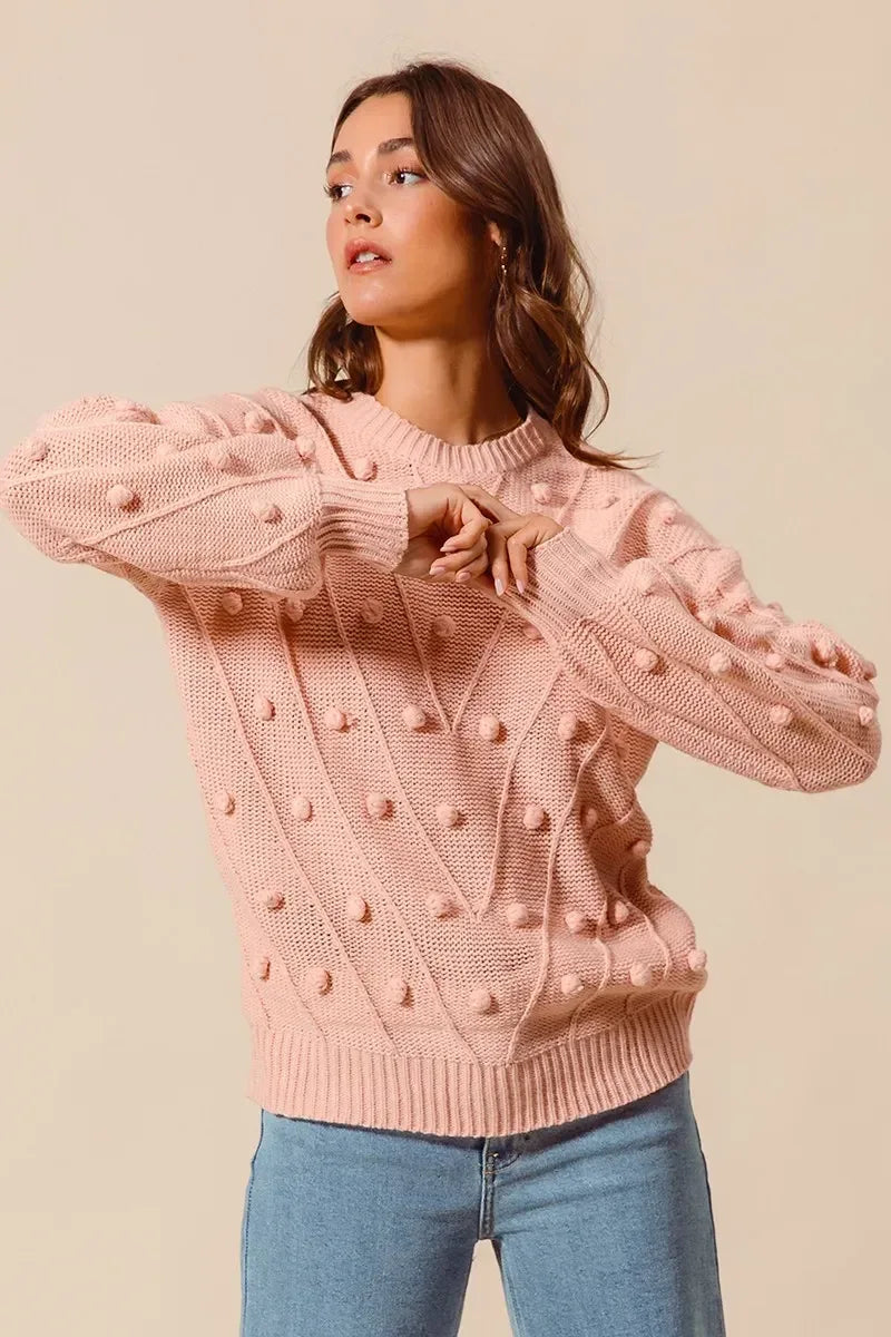 SO ME Pom Pom Textured Knit Sweater Top - DAVERRI FASHIONS