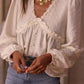 White lace trim V-neck blouse with puffed sleeves