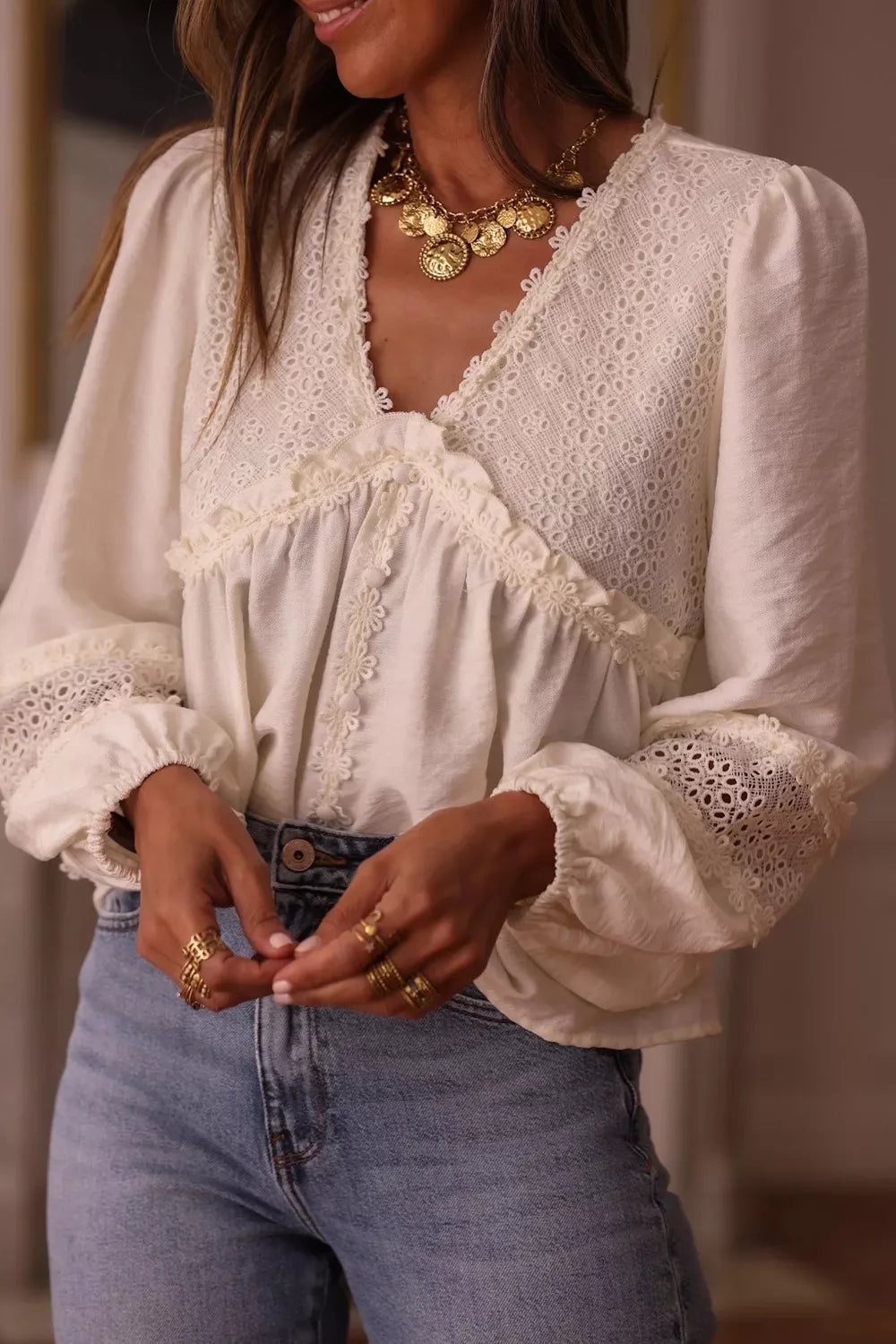 White lace trim V-neck blouse with puffed sleeves