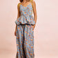 BiBi Floral Printed Drawstring Wide Pants in light blue with yellow tie straps