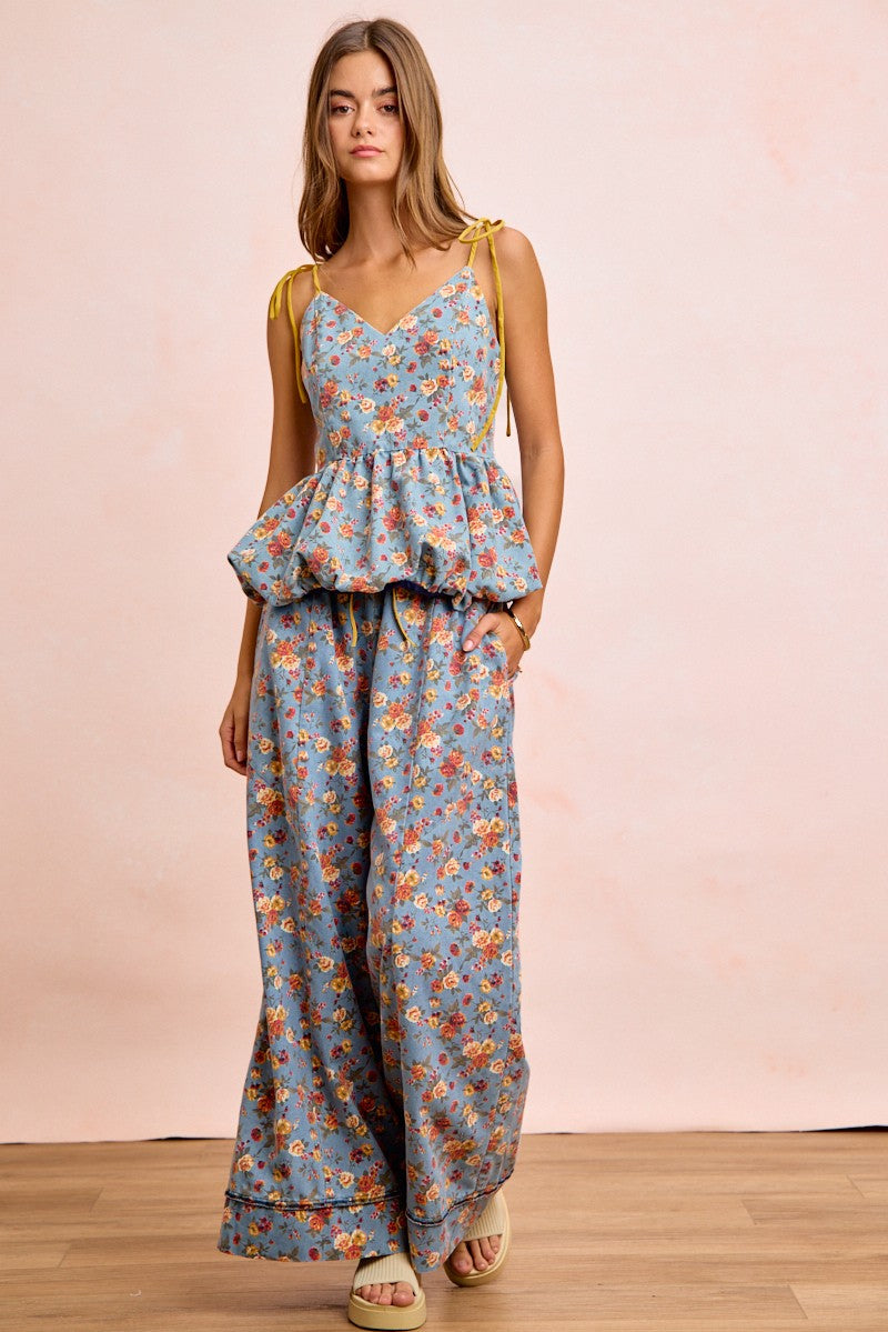 BiBi Floral Printed Drawstring Wide Pants in light blue with yellow tie straps