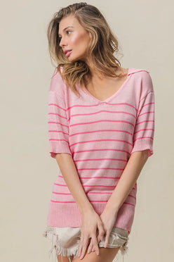 BiBi Stripe pink white striped V-neck knit sweater 3/4 sleeves