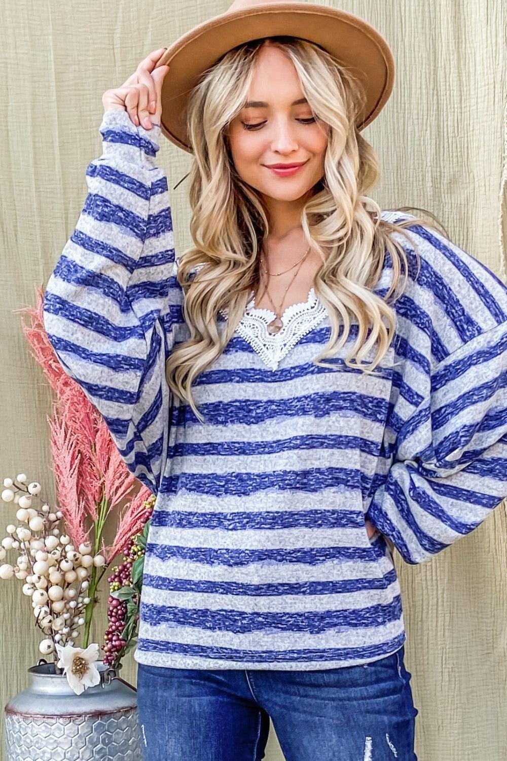 And The Why Striped Lace Detail V Neck Top - DAVERRI FASHIONS