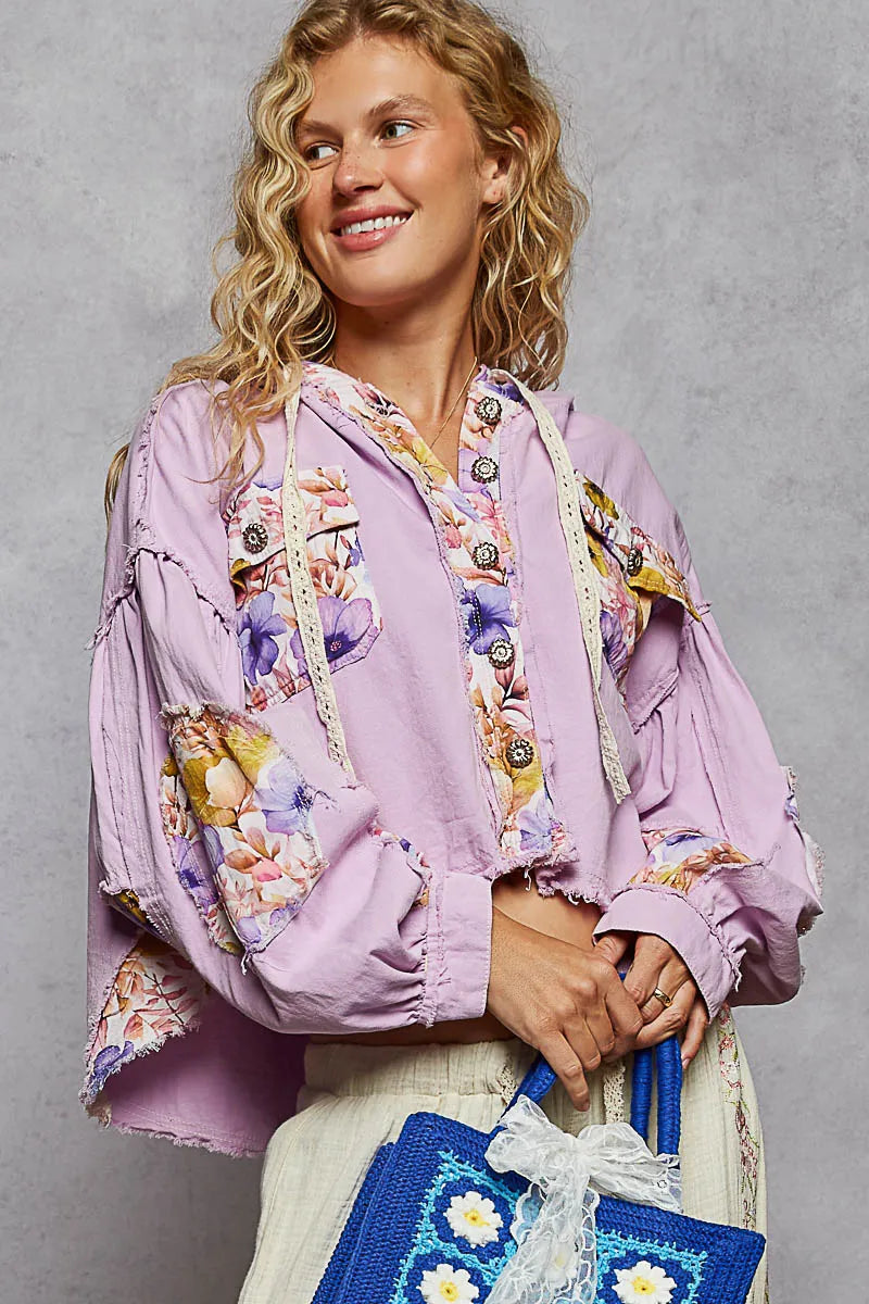 POL Raw Hem Floral Print Cropped Hooded Jacket Jackets