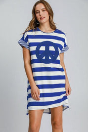 Umgee Peace Applique Striped Short Sleeve Mini Dress Royal Blue S Mini Dresses