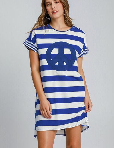 Umgee Peace Applique Striped Short Sleeve Mini Dress Royal Blue S Mini Dresses