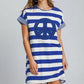 Umgee Peace Applique Striped Short Sleeve Mini Dress Royal Blue S Mini Dresses