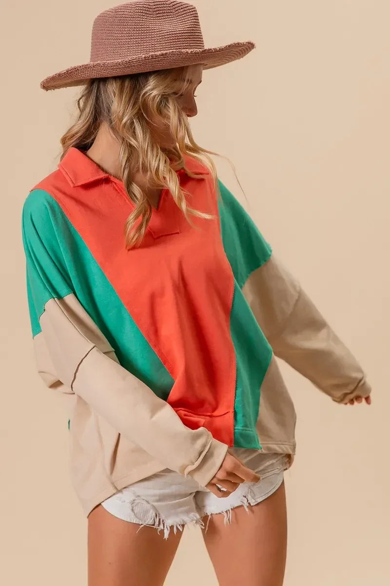 BiBi Colorblock Exposed Seam French Terry Sweatshirt - DAVERRI FASHIONS