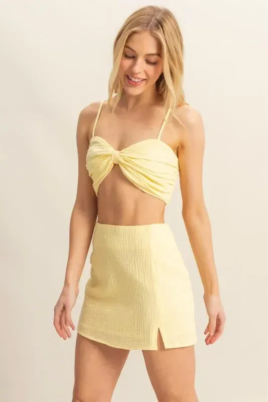HYFVE Yellow Ruched Bra Top and Mini Skirt Set - DAVERRI FASHIONS
