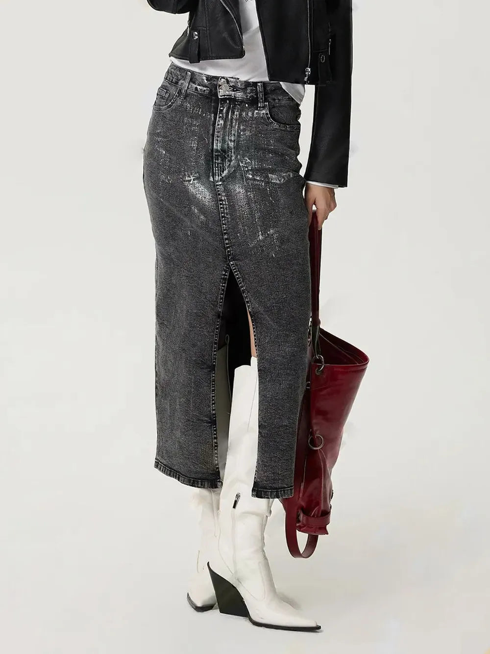 High-waisted dark gray denim midi skirt with front slit and distressed texture