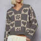 POL V-Neck Heart Pattern Checkered Sweater - DAVERRI FASHIONS