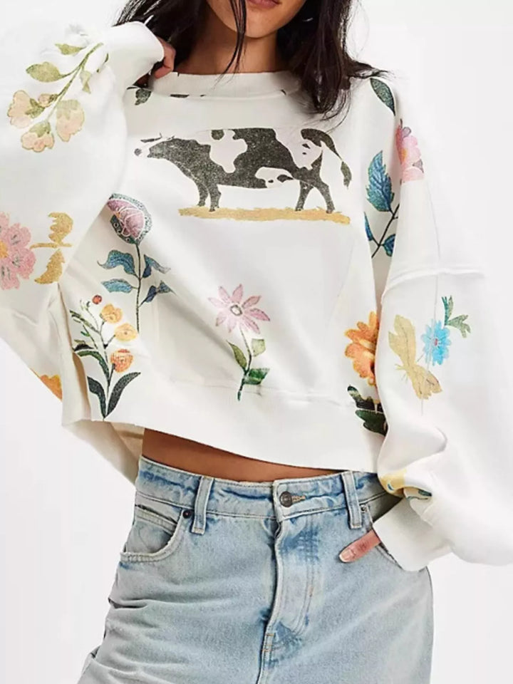Printed Round Neck Dropped Shoulder Sweatshirt | Sweatshirts Daverri Fashions
