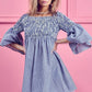 BiBi Smocked Off Shoulder Blue White Striped Dress