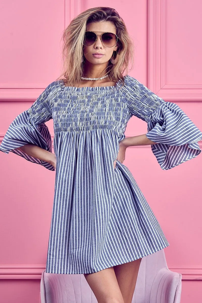 BiBi Smocked Off Shoulder Blue White Striped Dress
