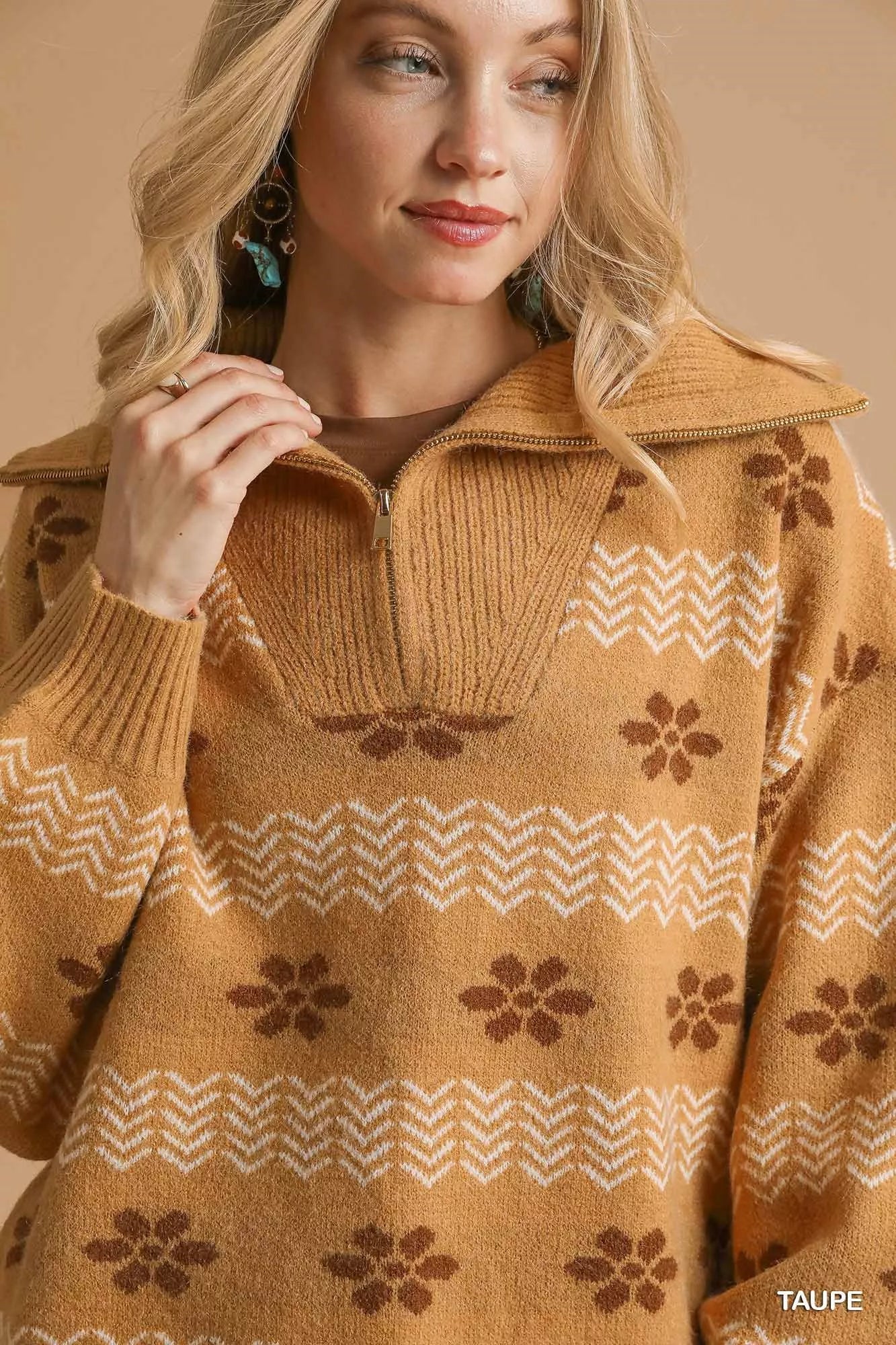 Umgee Floral Patterned Jacquard Quarter-Zip Pullover Sweater | Sweaters Daverri Fashions