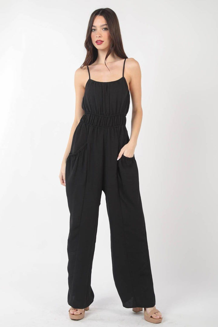 VERY J Pintuck Detail Woven Sleeveless Jumpsuit BLACK Jumpsuits