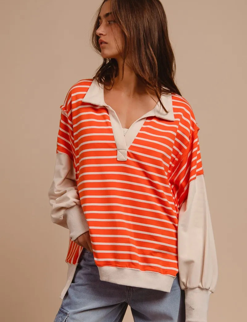 ORANGE BiBi Stripe Knit Loose Fit Top With Cut Edge Detail | Tops Daverri Fashions