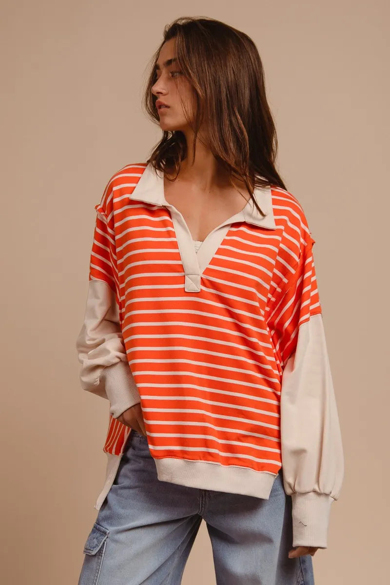 BiBi Stripe Knit Loose Fit Top With Cut Edge Detail ORANGE Tops
