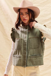 SO ME Washed Denim Stitch Ruffled Hidden Button Vest Top | Daverri Fashions