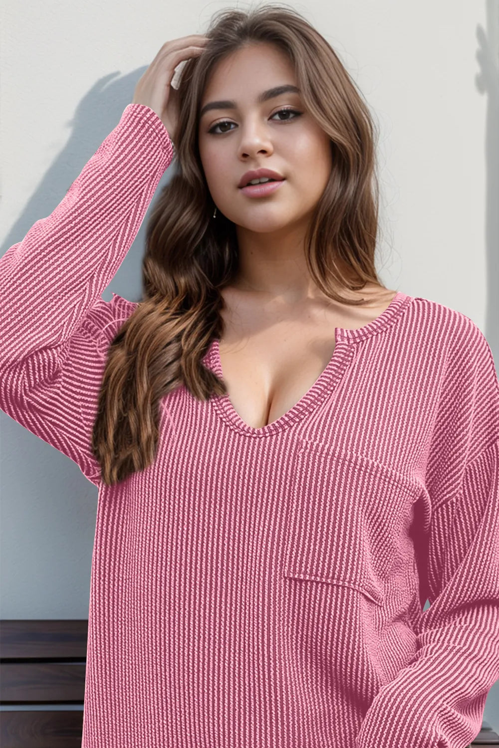 Double Take Striped Notched Long Sleeve T-Shirt | T-Shirts Daverri Fashions