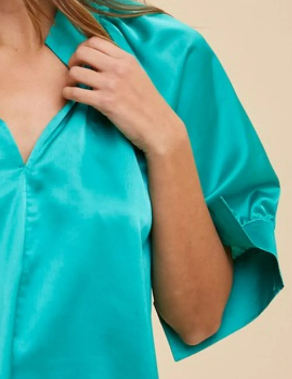Annie Wear Satin V Neck Open Short Sleeve Woven Blouse Top | Tops Daverri Fashions