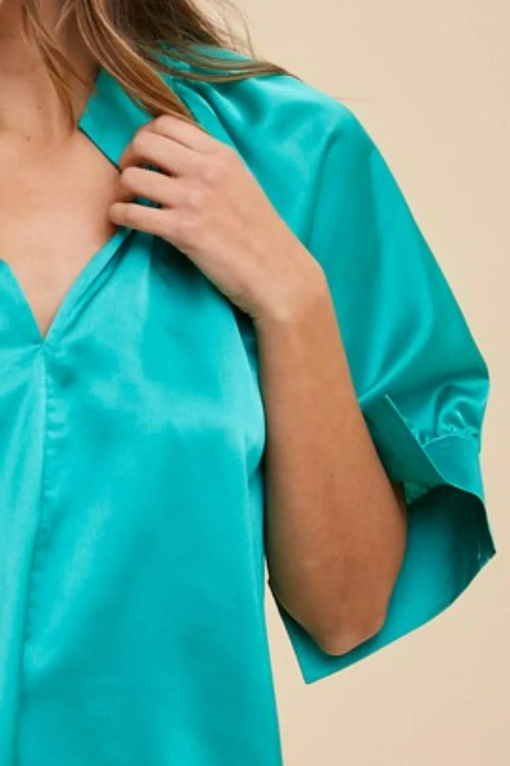 Annie Wear Satin V Neck Open Short Sleeve Woven Blouse Top