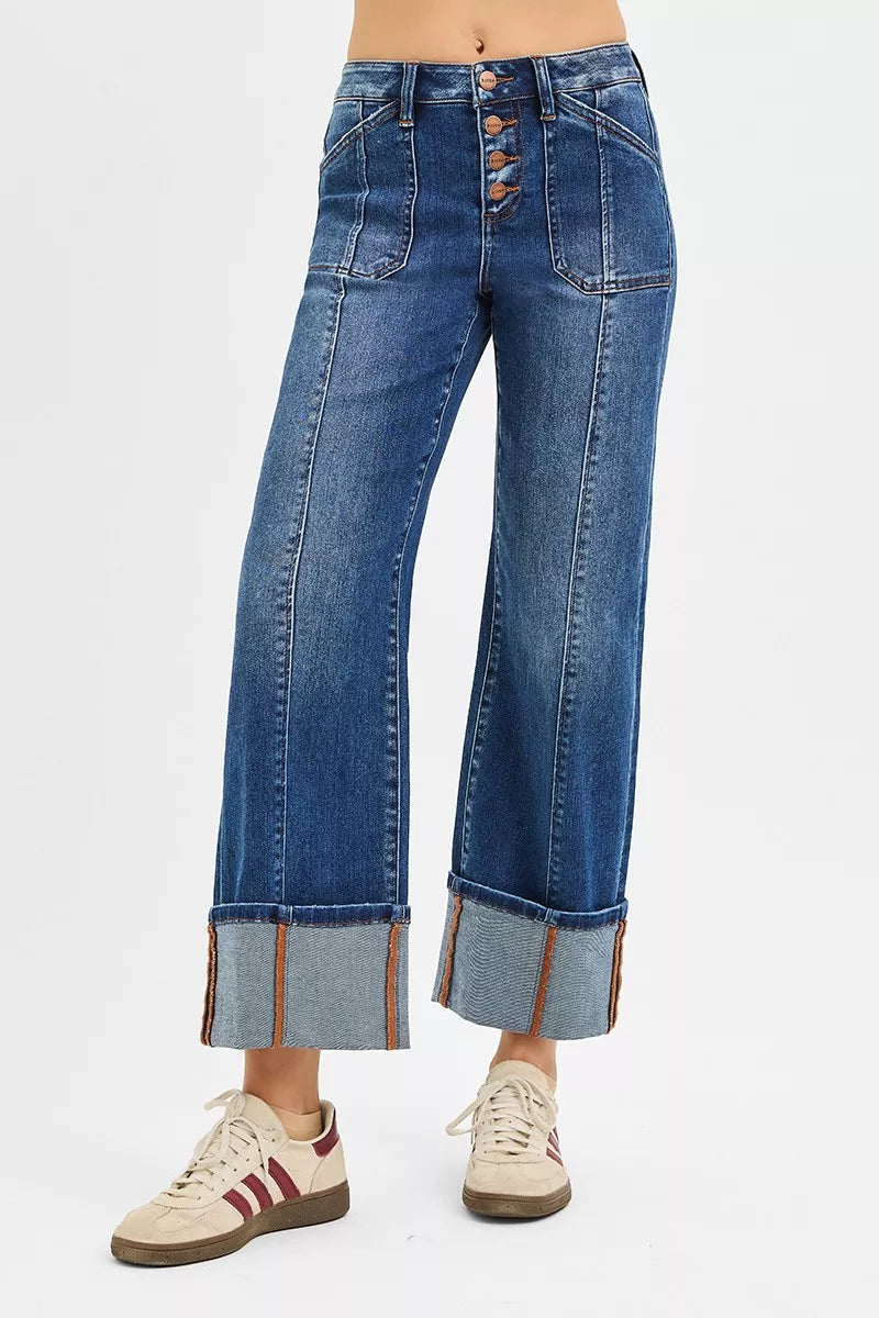 DARK RISEN Full Size High Rise Crop Wide Straight Cuffed Jeans Plus Size | Jeans Daverri Fashions