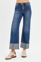 DARK RISEN Full Size High Rise Crop Wide Straight Cuffed Jeans Plus Size | Jeans Daverri Fashions