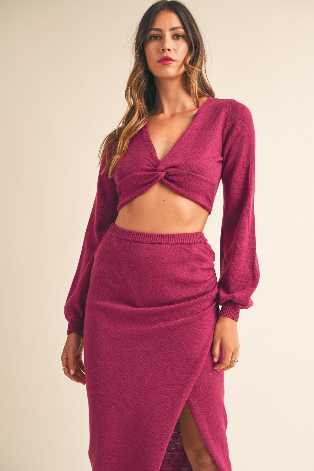 MABLE Front Twisted Knit Top and Midi Skirt Set Magenta