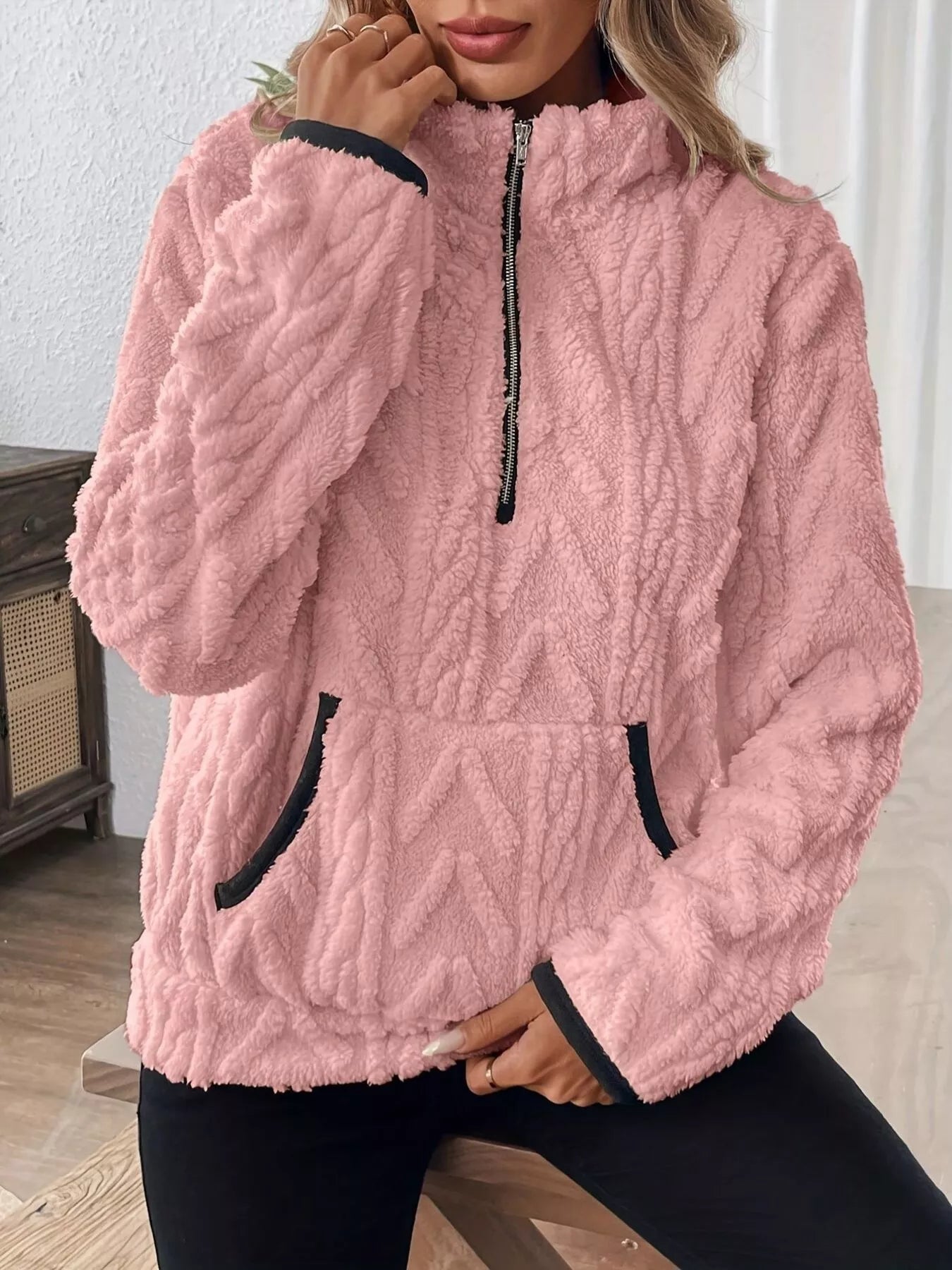 Pink fuzzy knit Daverri Fashions full size fleece half zip sweatshirt