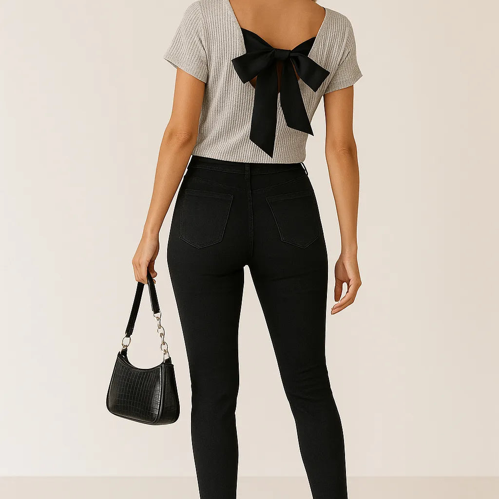 Beige Back Bow Tie Ribbed Knit Top | Knit Tops Daverri Fashions