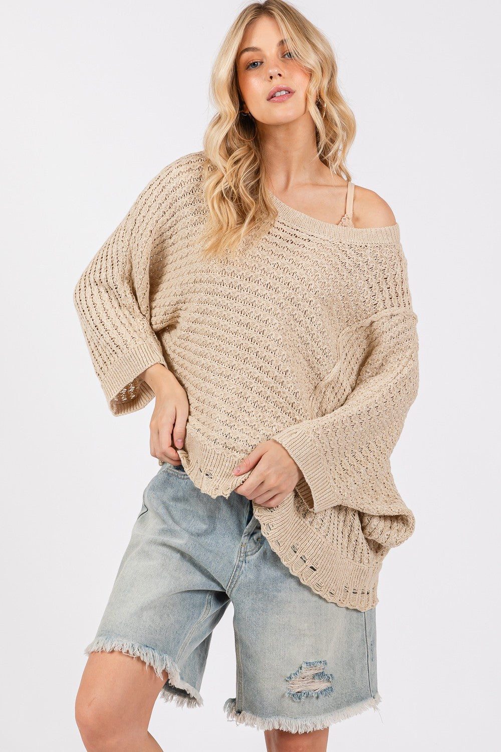 SAGE + FIG Distressed Asymmetrical Open Stitch Sweater Sweaters