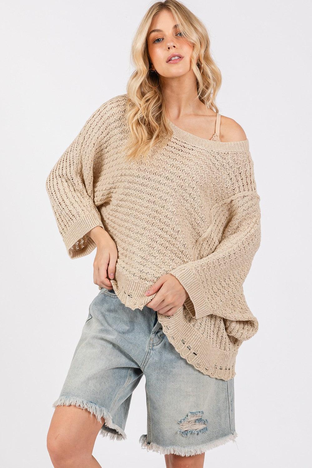 SAGE + FIG Distressed Asymmetrical Open Stitch Sweater - DAVERRI FASHIONS