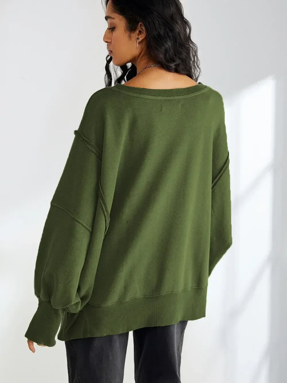 Slit Round Neck Dropped Shoulder Sweatshirt - DAVERRI FASHIONS