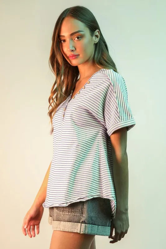 VERY J Striped V-Neck Short Sleeve T-Shirt T-Shirts