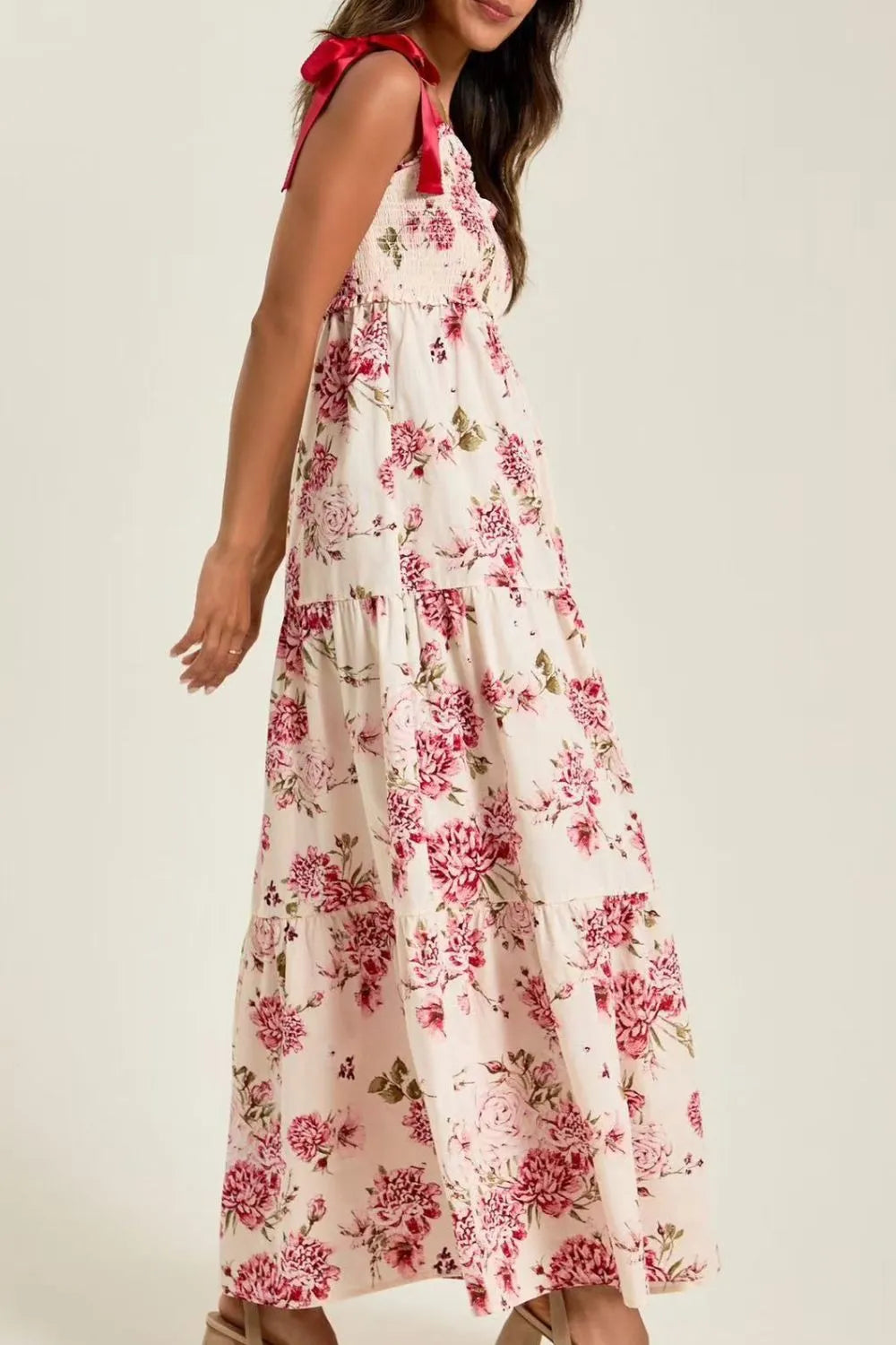 Floral tiered maxi dress with mixed print in cream and pink flowers